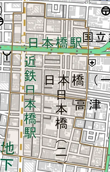 日本橋とその周辺の地図。町の範囲を重ねている