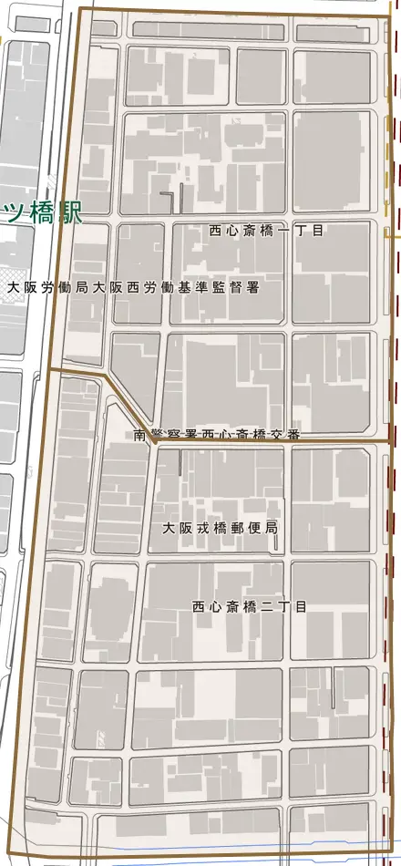 西心斎橋とその周辺の地図。町の範囲を重ねている
