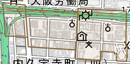 農人橋とその周辺の地図。町の範囲を重ねている