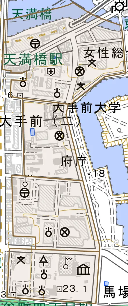 大手前とその周辺の地図。町の範囲を重ねている