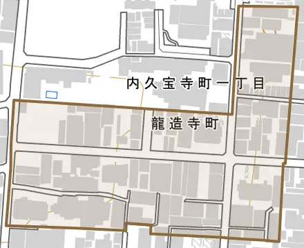 龍造寺町とその周辺の地図。町の範囲を重ねている