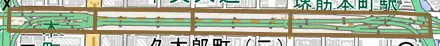 船場中央とその周辺の地図。町の範囲を重ねている