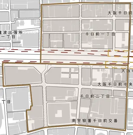 千日前とその周辺の地図。町の範囲を重ねている
