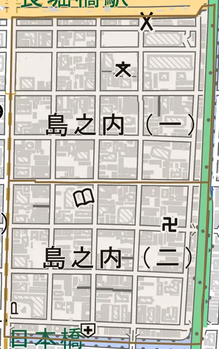 島之内とその周辺の地図。町の範囲を重ねている