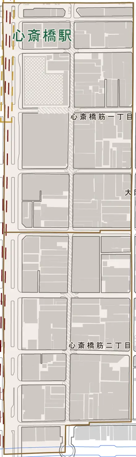 心斎橋筋とその周辺の地図。町の範囲を重ねている