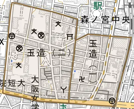 玉造とその周辺の地図。町の範囲を重ねている