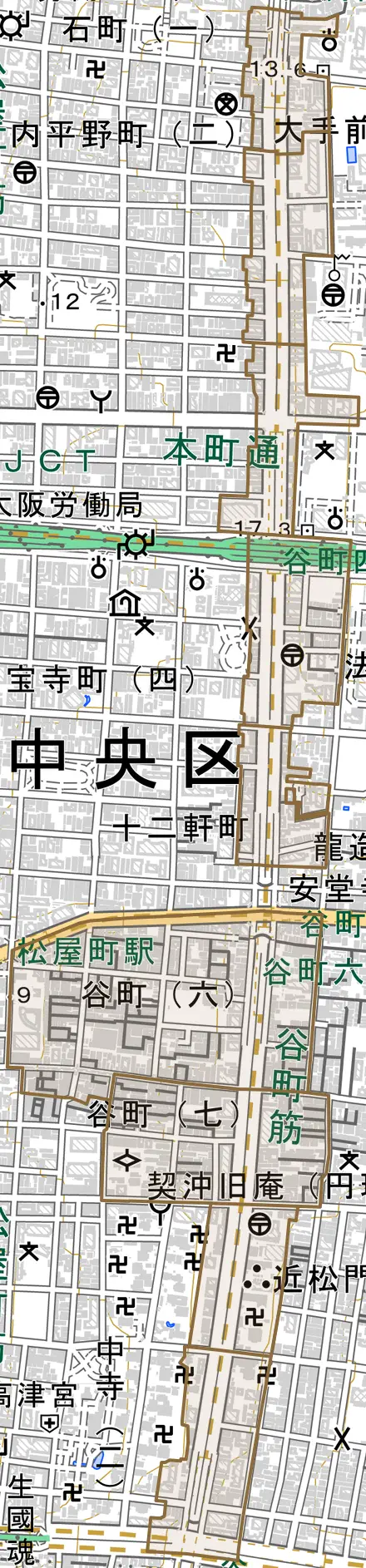谷町とその周辺の地図。町の範囲を重ねている