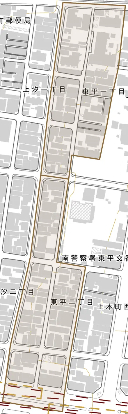 東平とその周辺の地図。町の範囲を重ねている