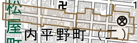 釣鐘町とその周辺の地図。町の範囲を重ねている