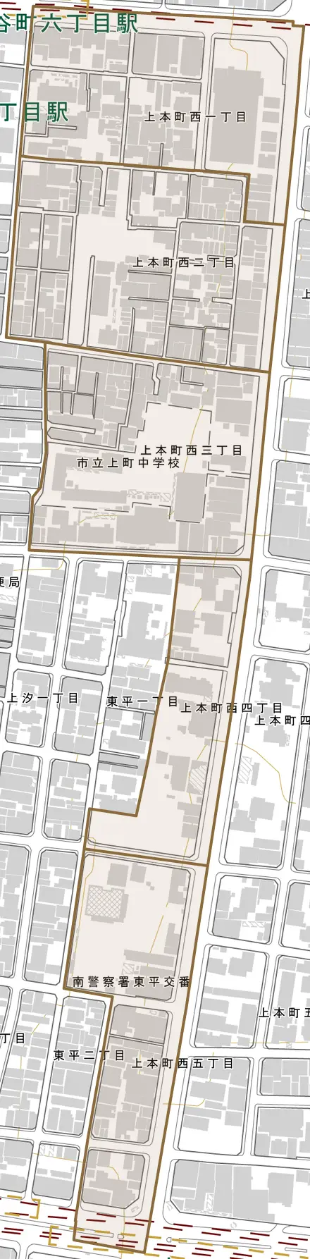 上本町西とその周辺の地図。町の範囲を重ねている