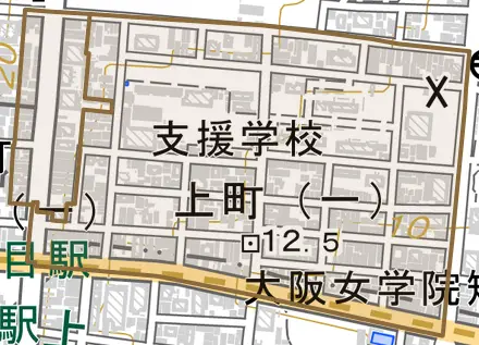上町とその周辺の地図。町の範囲を重ねている