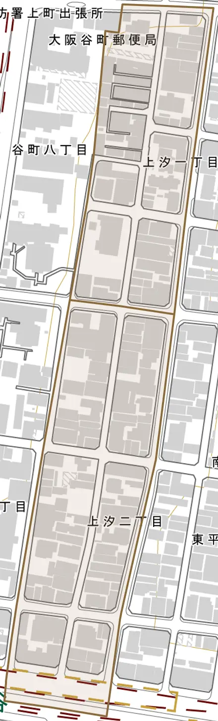 上汐とその周辺の地図。町の範囲を重ねている