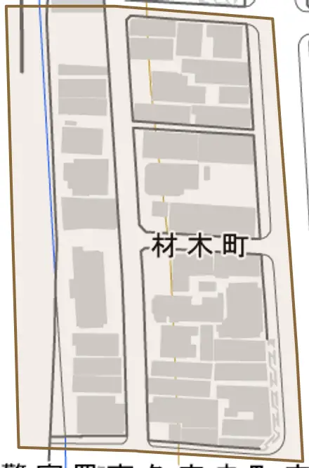 材木町とその周辺の地図。町の範囲を重ねている