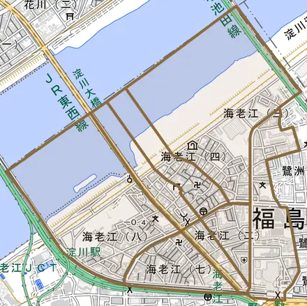 海老江とその周辺の地図。町の範囲を重ねている
