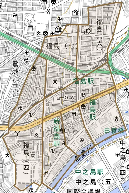 福島とその周辺の地図。町の範囲を重ねている