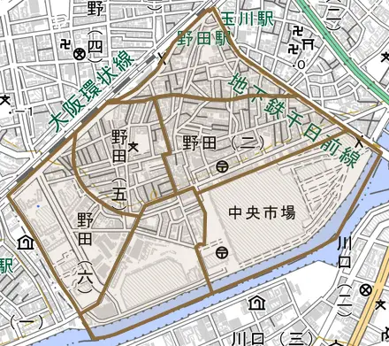 野田とその周辺の地図。町の範囲を重ねている