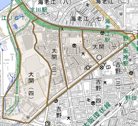大開とその周辺の地図。町の範囲を重ねている