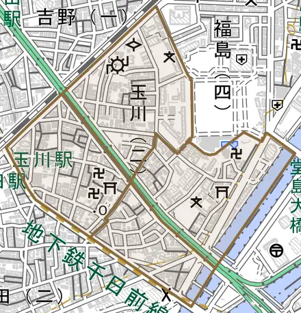 玉川とその周辺の地図。町の範囲を重ねている