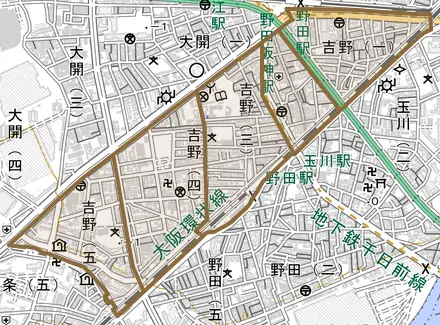 吉野とその周辺の地図。町の範囲を重ねている