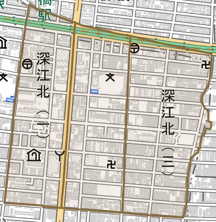 深江北とその周辺の地図。町の範囲を重ねている