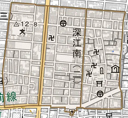 深江南とその周辺の地図。町の範囲を重ねている