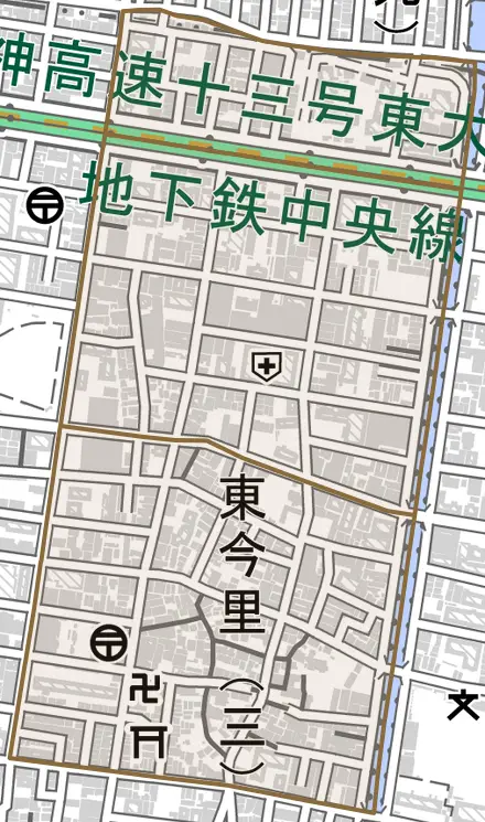 東今里とその周辺の地図。町の範囲を重ねている