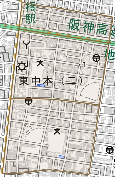 東中本とその周辺の地図。町の範囲を重ねている