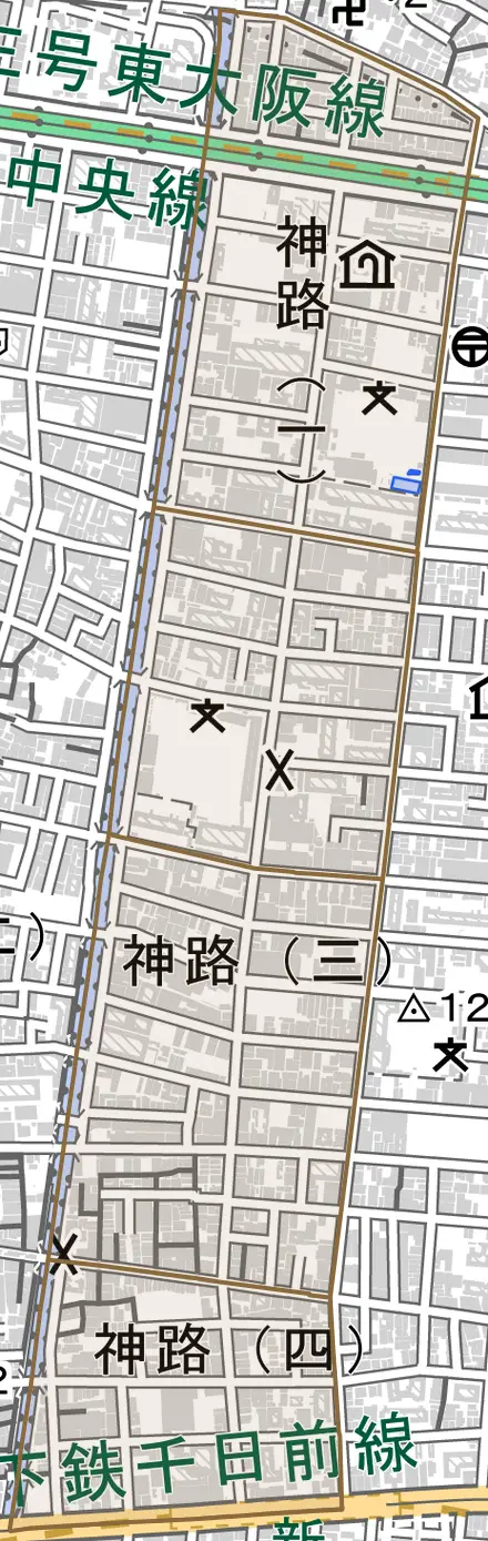 神路とその周辺の地図。町の範囲を重ねている