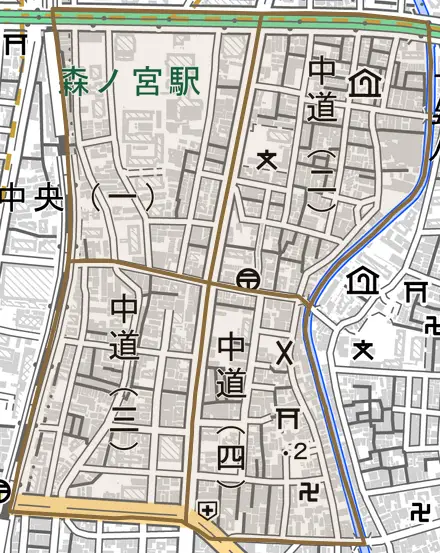 中道とその周辺の地図。町の範囲を重ねている