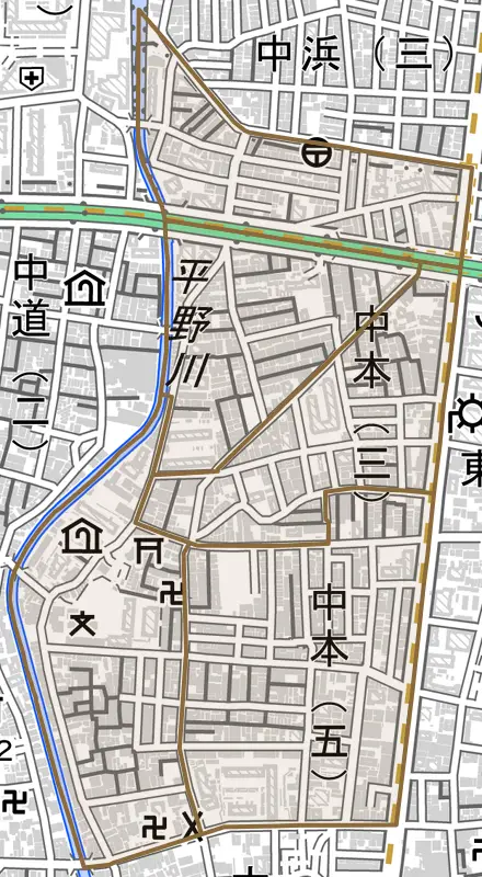 中本とその周辺の地図。町の範囲を重ねている