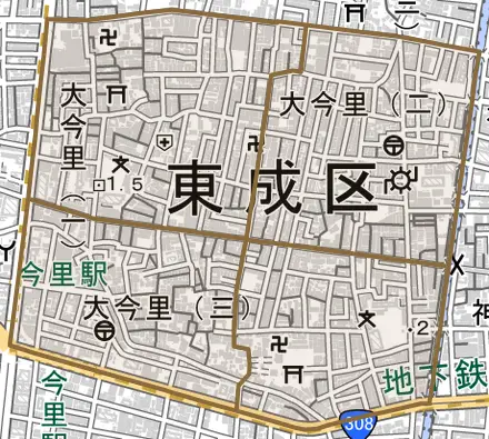 大今里とその周辺の地図。町の範囲を重ねている