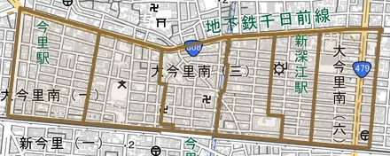 大今里南とその周辺の地図。町の範囲を重ねている