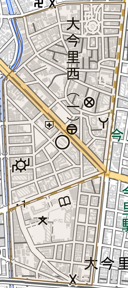 大今里西とその周辺の地図。町の範囲を重ねている