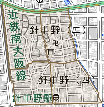 針中野とその周辺の地図。町の範囲を重ねている