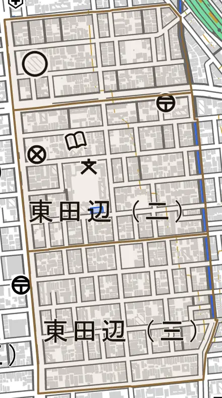 東田辺とその周辺の地図。町の範囲を重ねている