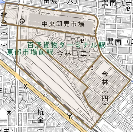 今林とその周辺の地図。町の範囲を重ねている