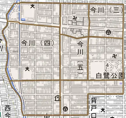 今川とその周辺の地図。町の範囲を重ねている