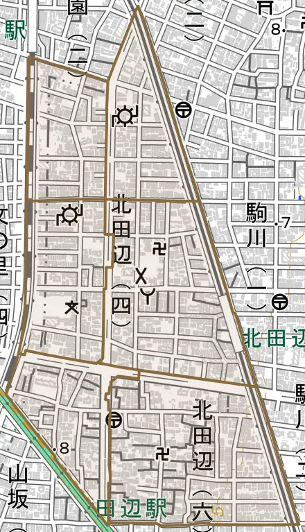 北田辺とその周辺の地図。町の範囲を重ねている