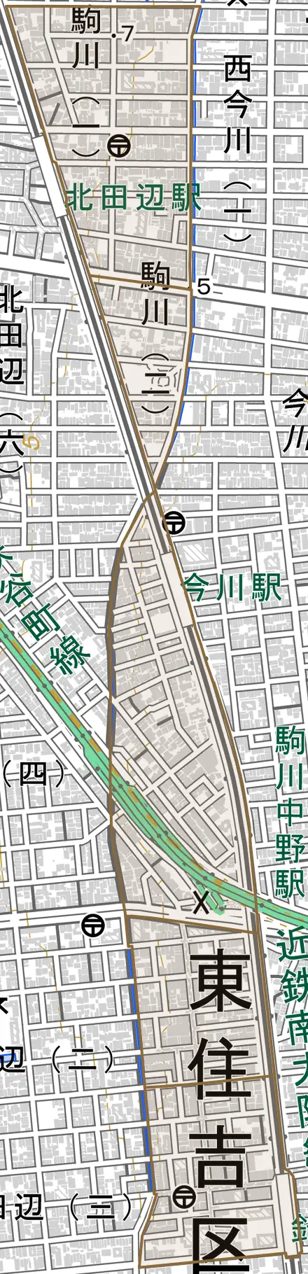 駒川とその周辺の地図。町の範囲を重ねている