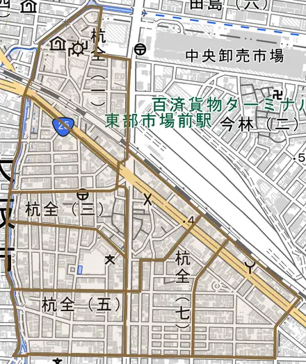 杭全とその周辺の地図。町の範囲を重ねている