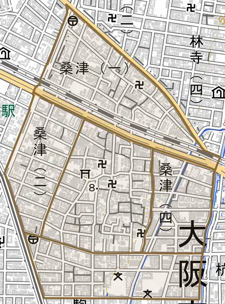 桑津とその周辺の地図。町の範囲を重ねている