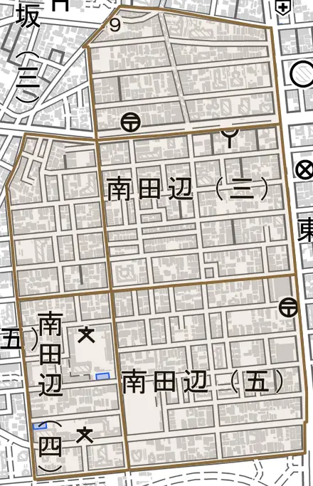 南田辺とその周辺の地図。町の範囲を重ねている
