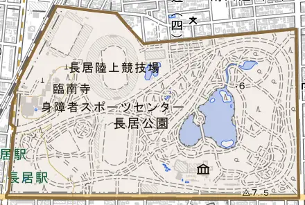 長居公園とその周辺の地図。町の範囲を重ねている
