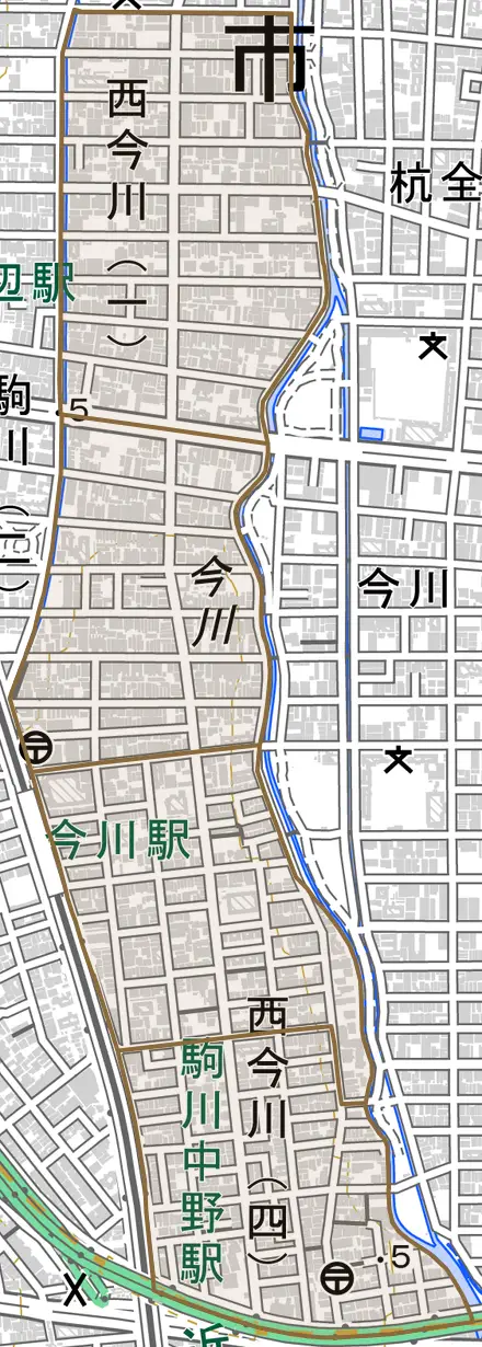 西今川とその周辺の地図。町の範囲を重ねている