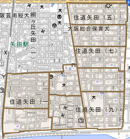 住道矢田とその周辺の地図。町の範囲を重ねている