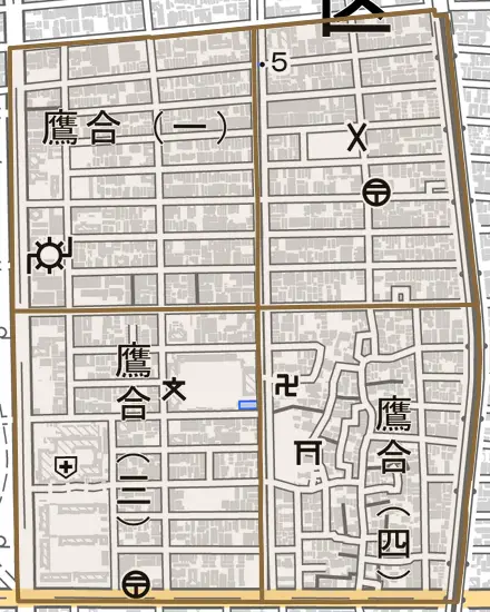 鷹合とその周辺の地図。町の範囲を重ねている