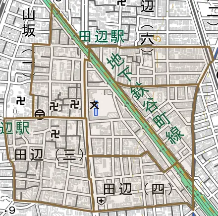 田辺とその周辺の地図。町の範囲を重ねている