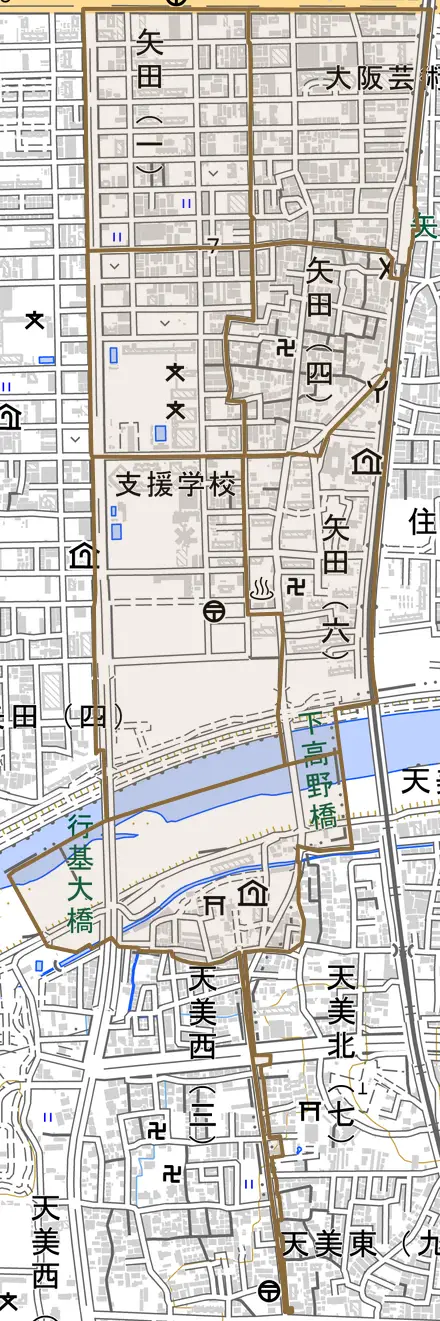 矢田とその周辺の地図。町の範囲を重ねている