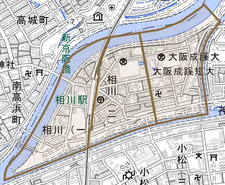 相川とその周辺の地図。町の範囲を重ねている