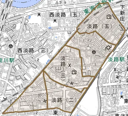 淡路とその周辺の地図。町の範囲を重ねている